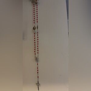 Vintage Red Crystal Catholic Rosary Silver Tone Crucifix Miraculous Prayer Beads
